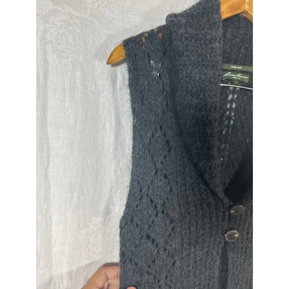 Eddie Bauer Sweater Vest Small Gray Hand Knit Open Mohair Blend Chunky Long - Picture 5 of 12